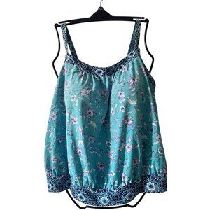 Lands End Women’s Swim Top Plus 22W Teal Blue Modest Floral Built In Bra Scoop